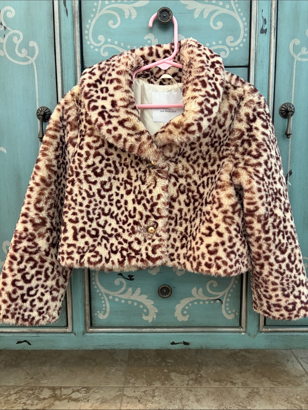 Janie and Jack Pink and Brown Leopard Faux Fur Cropped Coat